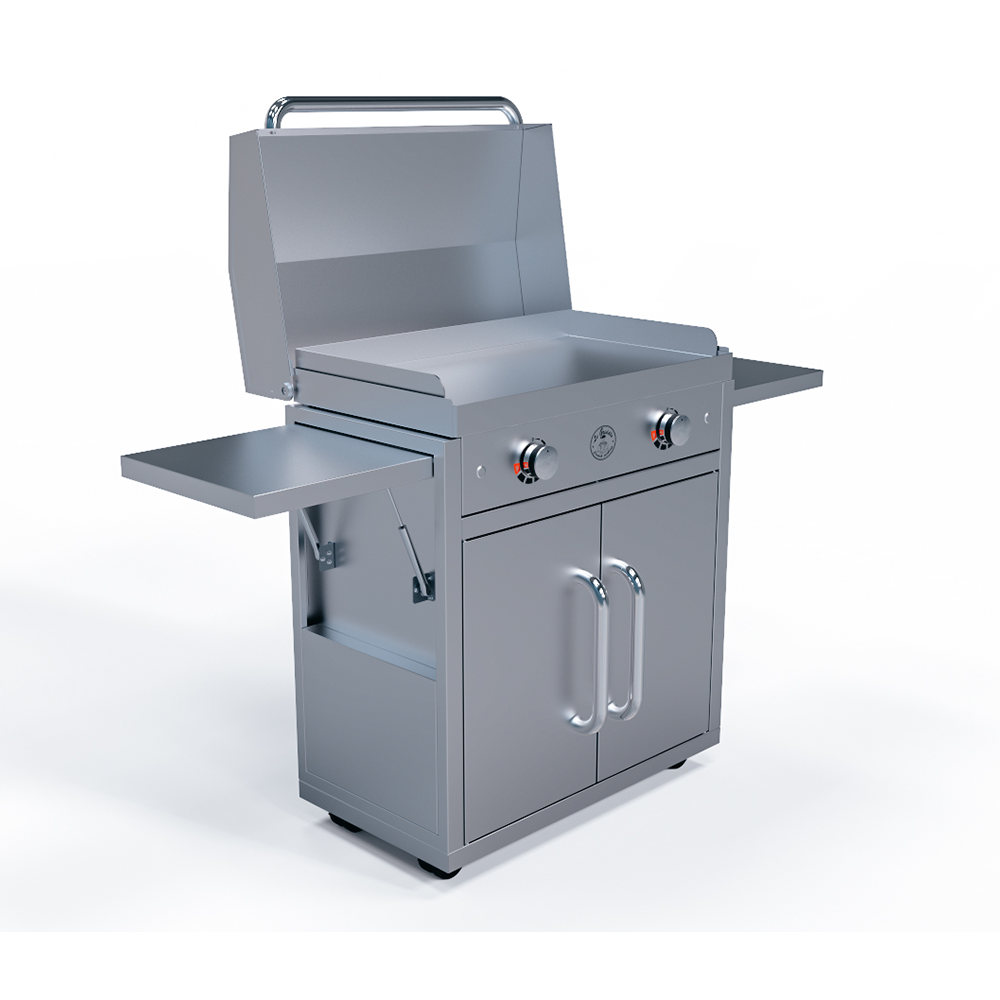 Le Griddle Ranch Hand GEE75 on the optional GFCART75 portable cart with the lid fitted