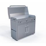 Le Griddle GFCART105 cart and 105 Series griddle with the lid raised over the cooking surface