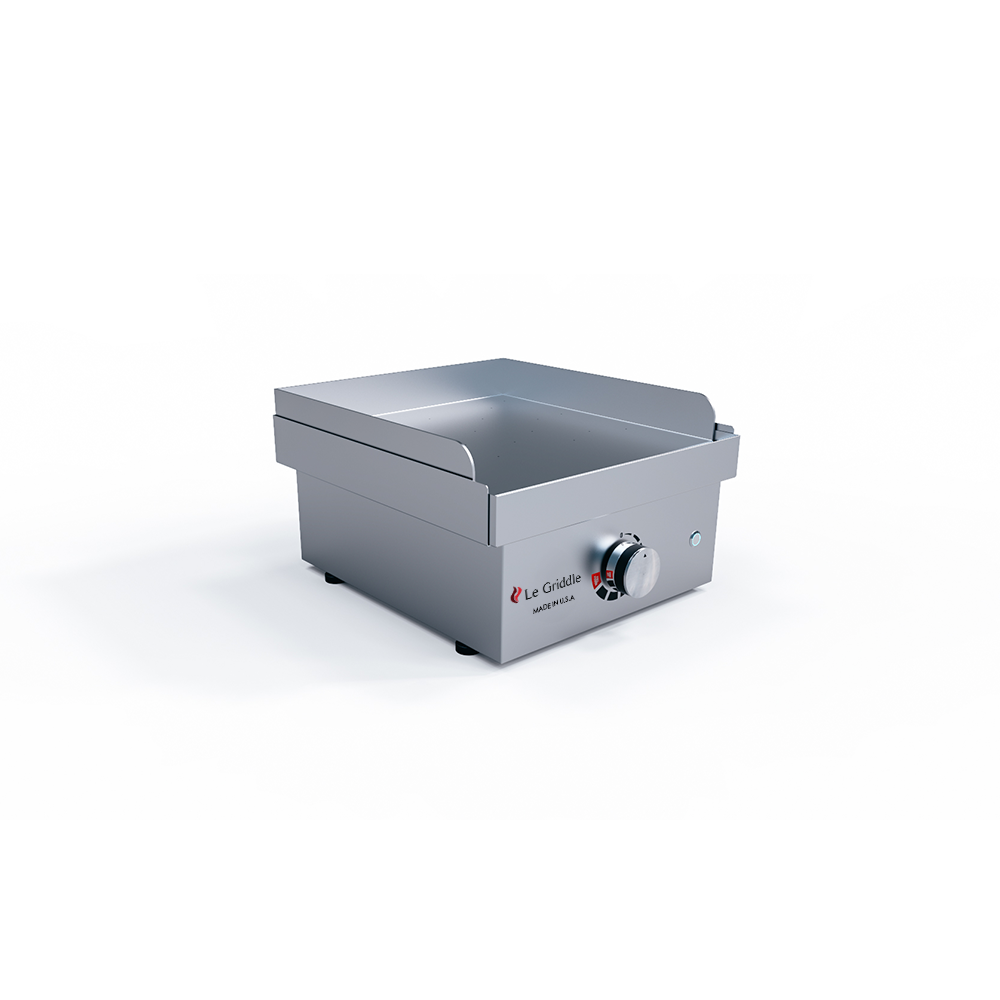 Le Griddle Wee GEE40 electric griddle at an angle, showing the stainless body and control knob
