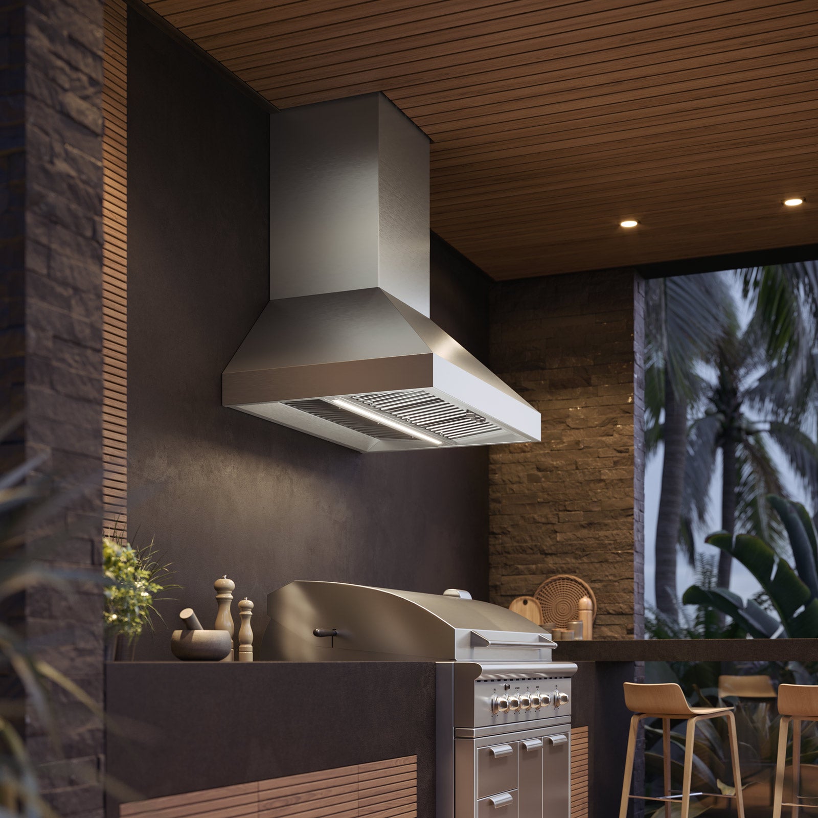 Detail of the professional baffle filters in Falmec Pyramid 36" Wall Mount Outdoor Hood, 1200 CFM, emphasizing stainless steel durability and easy maintenance.