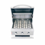 Front view of an RCS Premier 26-inch three-burner built-in stainless steel gas grill with the lid open, showing the cooking grates with ceramic briquettes beneath, three control knobs and the Renaissance Cooking Systems logo, on a white background