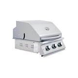 Angled three-quarter view of an RCS Premier 26-inch three-burner built-in stainless steel gas grill with the lid closed, showing the side and front with three control knobs and the Renaissance Cooking Systems logo, on a white background