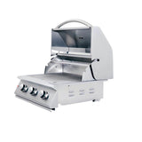 Angled view of an RCS Premier 26-inch three-burner built-in stainless steel gas grill with the lid open, showing the warming rack inside the hood, the firebox, three control knobs and the Renaissance Cooking Systems logo, on a white background