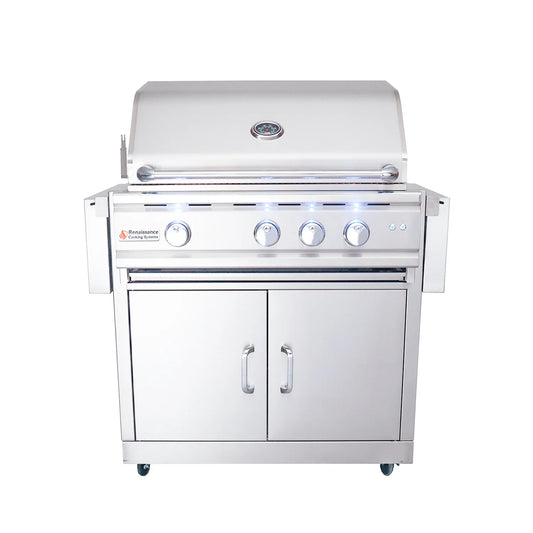 Detailed view of the RCS 30" Cutlass Pro Freestanding Grill Cart with blue LED lights and stainless steel cooking grids.