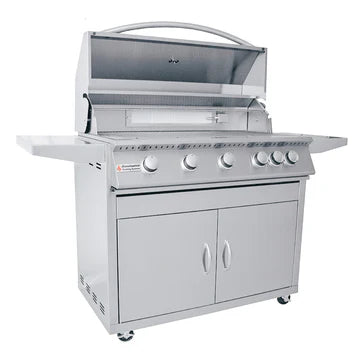 Close-up of the burners on the 40" RCS Premier Freestanding Grill Cart demonstrating its high BTU output and quality construction.