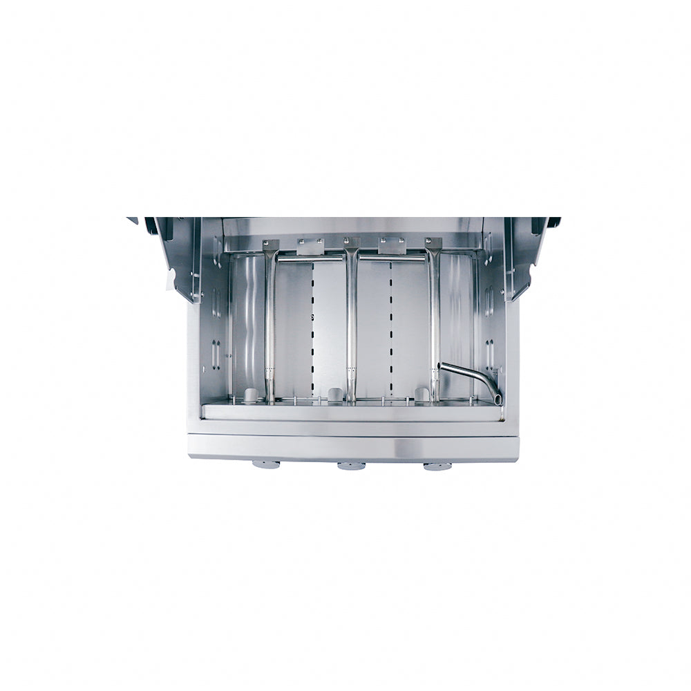 Close-up of the cooking surface of the 26" Premier Freestanding Grill Cart by RCS featuring solid stainless steel cooking grids for even heat distribution.