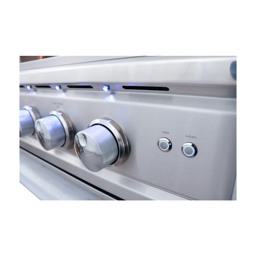 Close-up of the RCS Cutlass Pro 38" Built-In Grill burners and controls, highlighting its high-performance cooking capabilities ideal for backyard chefs.