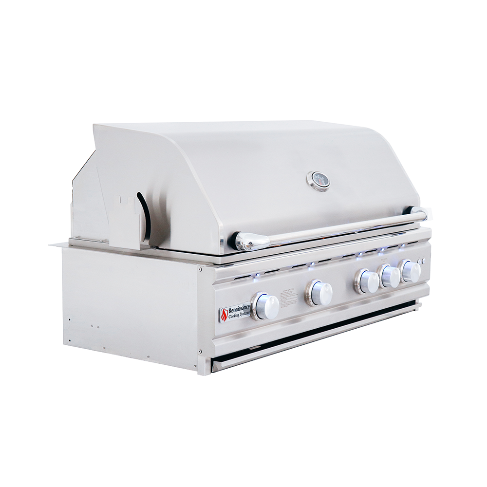 RCS 38" Cutlass Pro Built-In Grill showcasing its elegant stainless steel design and advanced cooking features for outdoor grilling enthusiasts.