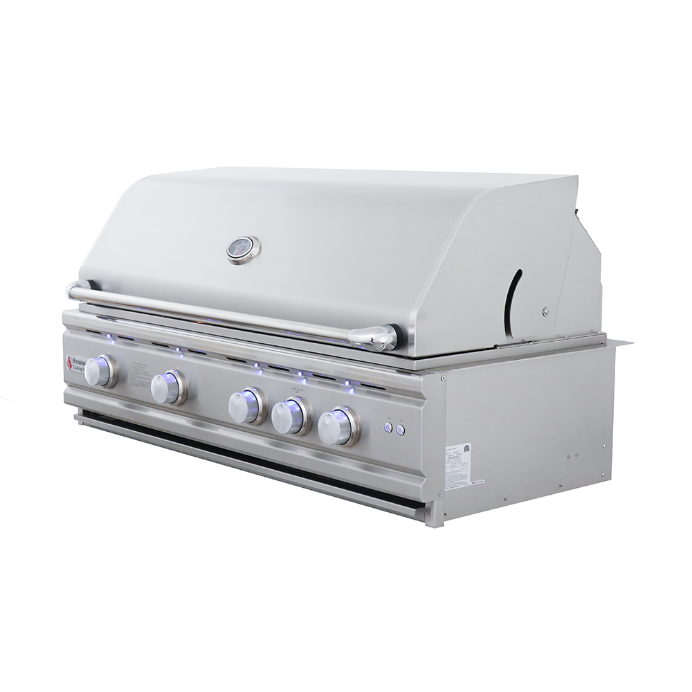 Close-up of RCS 42" Cutlass Pro Built-In Grill with highlighted features like stainless steel burners and LED illuminated control knobs.