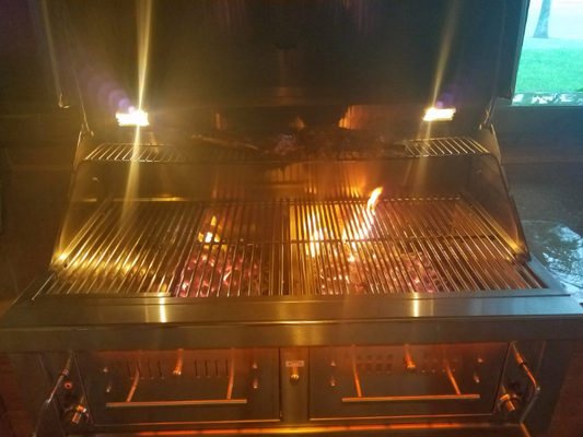 Close-up of Sunstone 42″ Grill's durable 304 stainless steel construction, highlighting the dual gas burners.