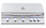 Front view of a built-in Renaissance Cooking Systems stainless steel grill with the lid closed, showing the temperature gauge, six control knobs with blue LED-lit rings and the RCS logo, on a white background
