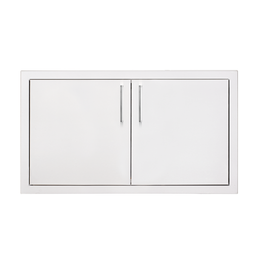 TrueFlame 30-inch stainless steel double access doors with vertical bar handles for outdoor kitchen island