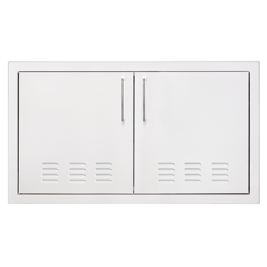 TrueFlame 33-inch stainless steel vented double access doors with vertical bar handles and bottom ventilation louvers for outdoor kitchen