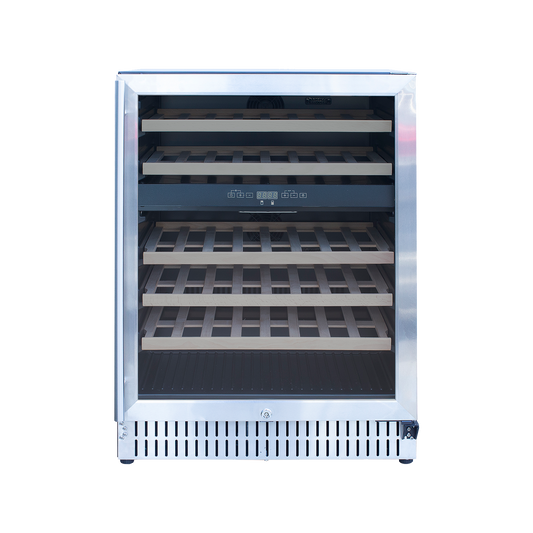TrueFlame 24-inch stainless steel outdoor wine cooler with glass door, wooden wine shelves, and digital control panel