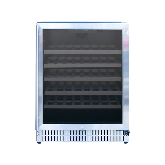 TrueFlame 24-inch stainless steel outdoor wine cooler with tinted glass door and interior shelves