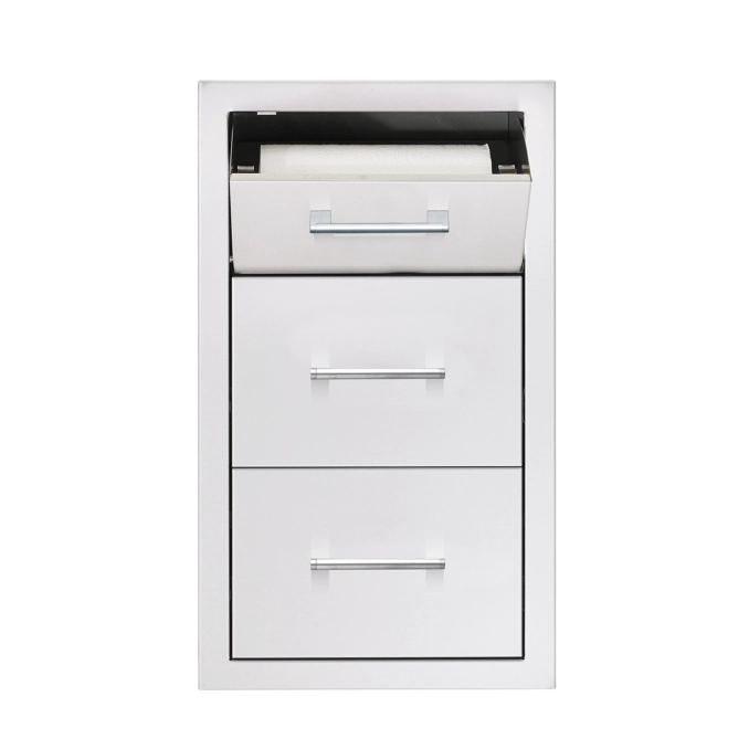 TrueFlame 17-inch stainless steel triple drawer combo with drawers open