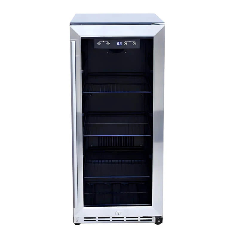 TrueFlame 15-inch outdoor refrigerator with stainless frame and glass door