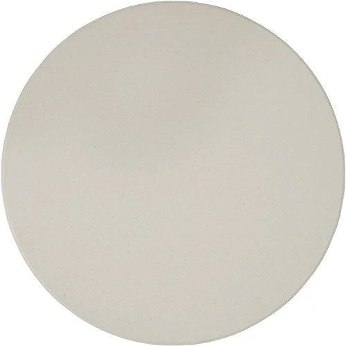 A round beige ceramic pizza baking stone with a lightly textured surface, shown flat against a white background