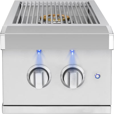 Stainless steel built-in double side burner with two control knobs and lit blue flames on a white background