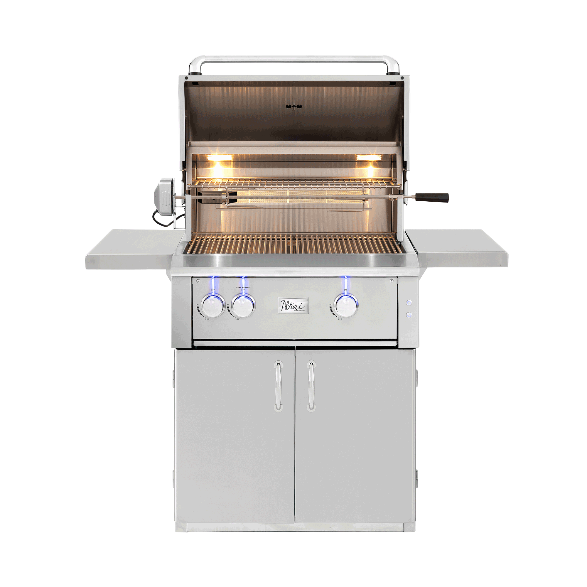 American Made Grills Alturi 30-inch grill cart — shown with an Alturi 30 grill head fitted, hood open
