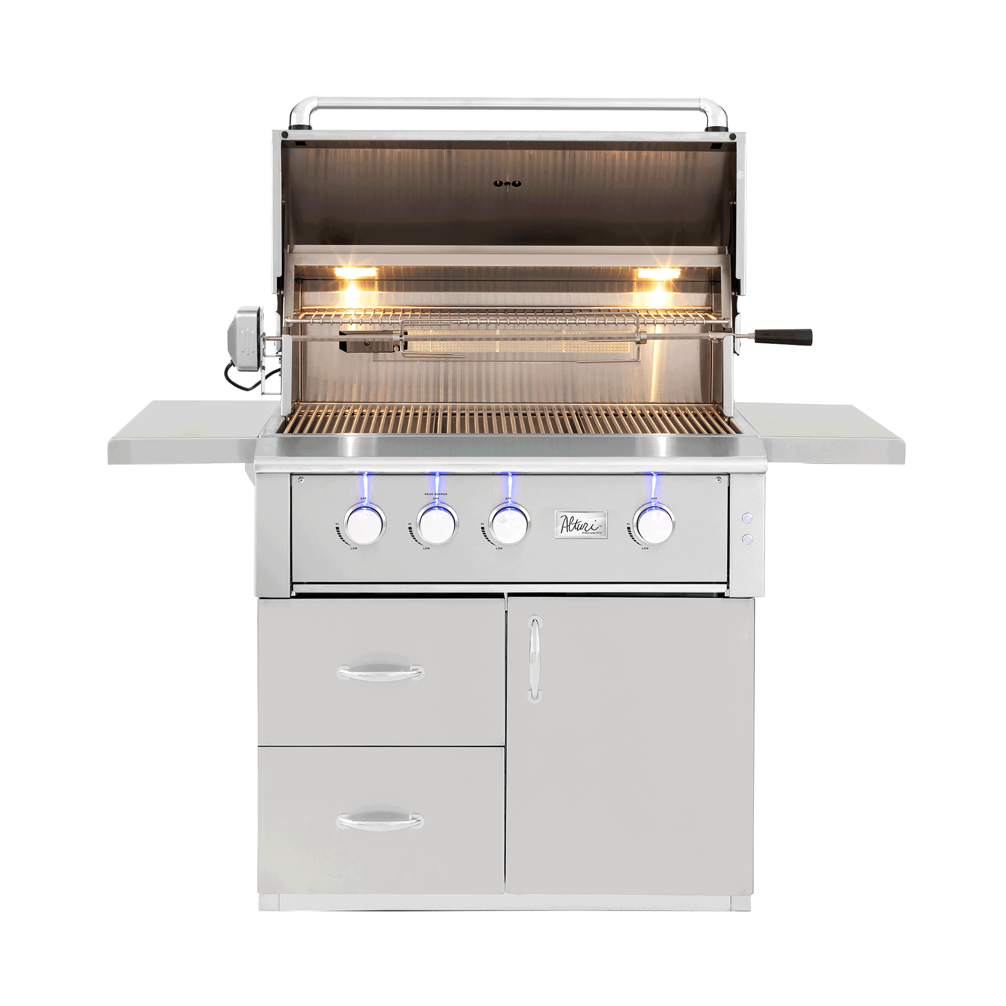 American Made Grills Alturi 36-inch grill cart — shown with an Alturi 36 grill head fitted, hood open