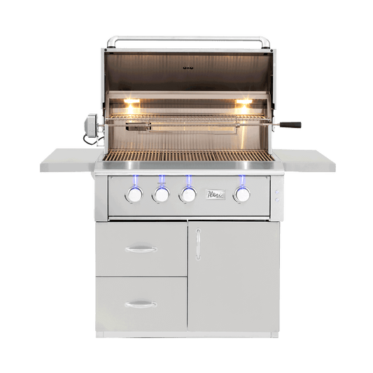 American Made Grills Alturi 36-inch grill cart — shown with an Alturi 36 grill head fitted, hood open