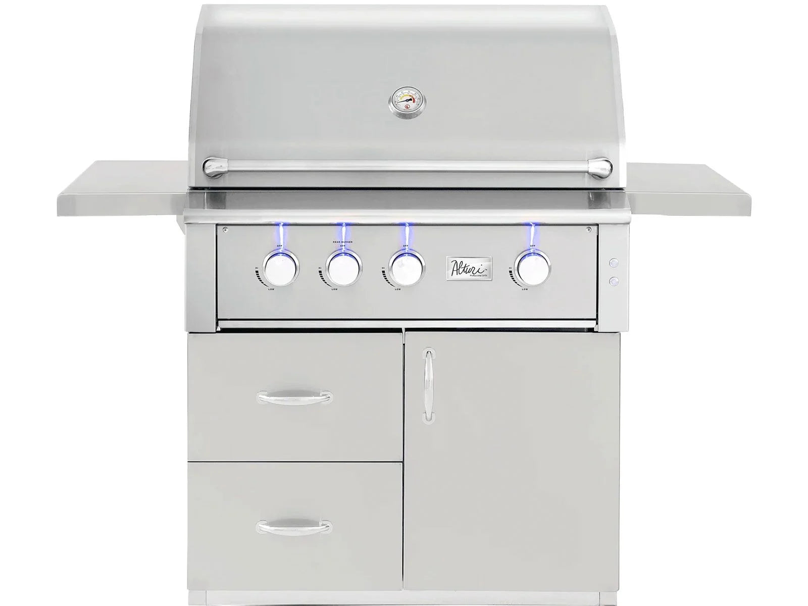 American Made Grills Alturi 36-inch freestanding cart gas grill on its stainless steel cart