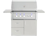 American Made Grills Alturi 36-inch freestanding cart gas grill on its stainless steel cart
