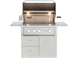 American Made Grills Alturi 36-inch freestanding cart gas grill on its stainless steel cart — detail view
