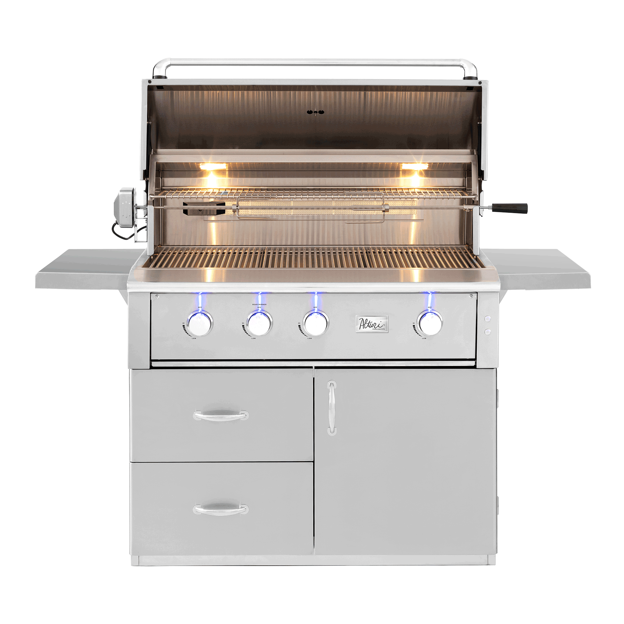 American Made Grills Alturi 42-inch grill cart — shown with an Alturi 42 grill head fitted, hood open