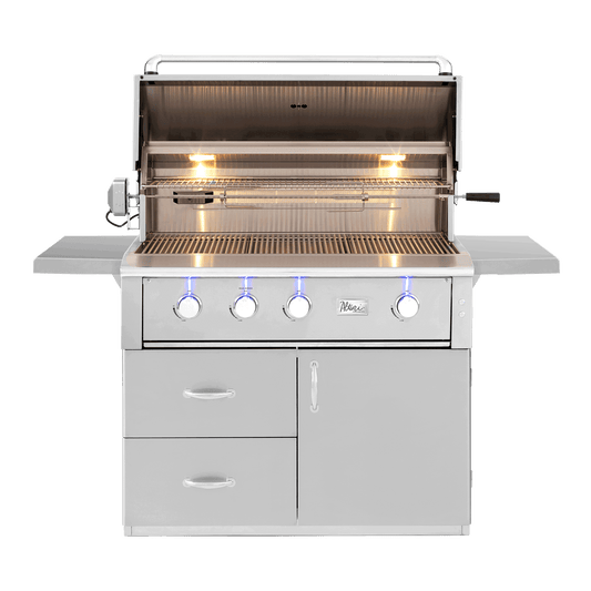 American Made Grills Alturi 42-inch grill cart — shown with an Alturi 42 grill head fitted, hood open