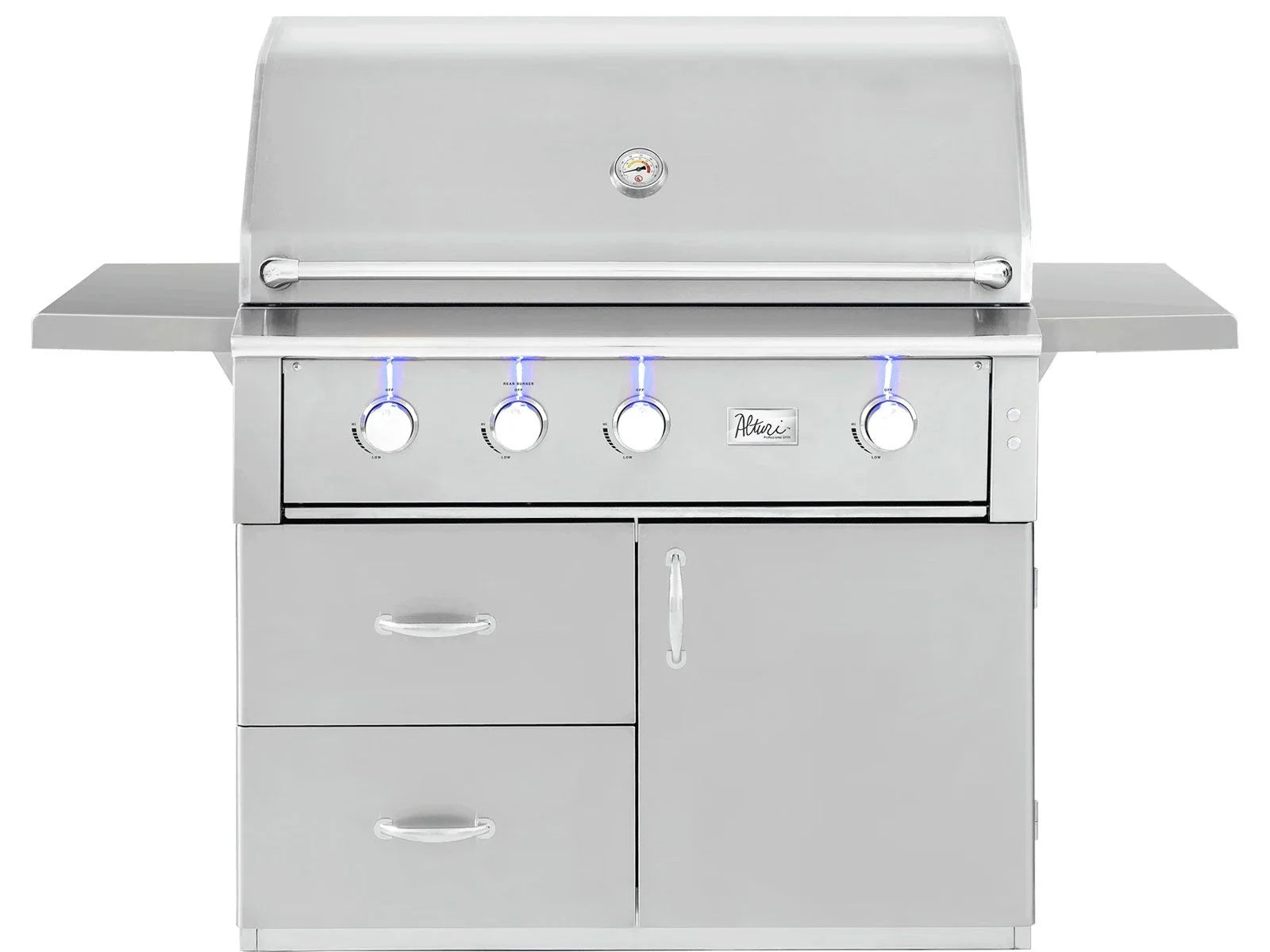 American Made Grills Alturi 42-inch freestanding cart gas grill on its stainless steel cart