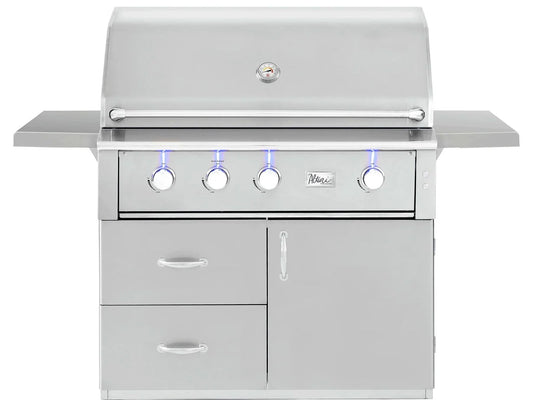 American Made Grills Alturi 42-inch freestanding cart gas grill on its stainless steel cart