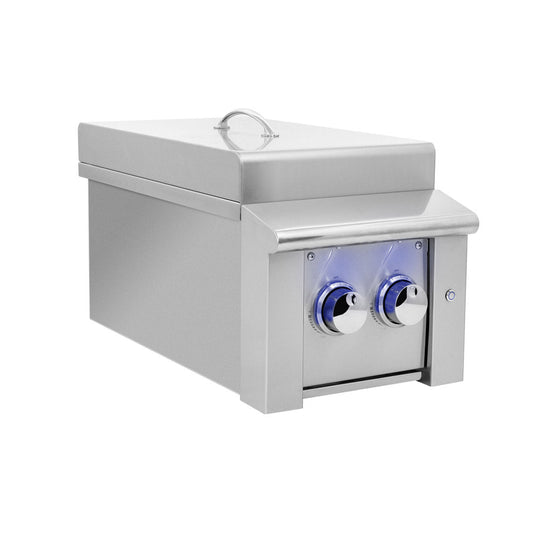 American Made Grills Alturi double side burner — angled view with the lid closed