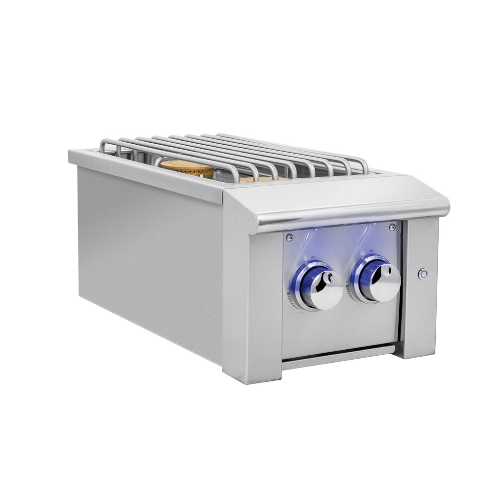 American Made Grills Alturi double side burner — angled view with the lid open