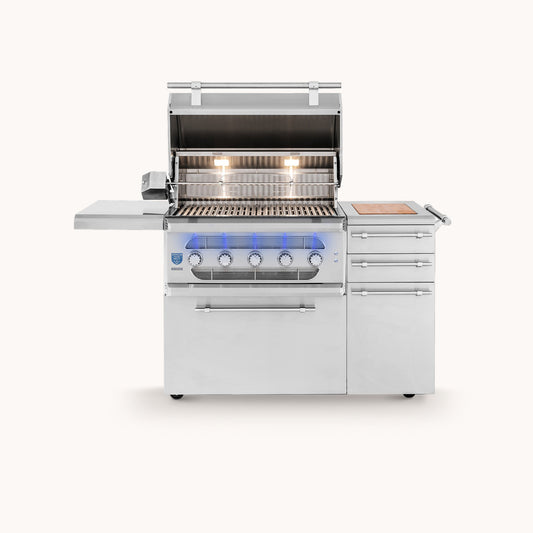 American Made Grills hybrid 36-inch grill cart — shown with a Muscle grill head fitted, hood open
