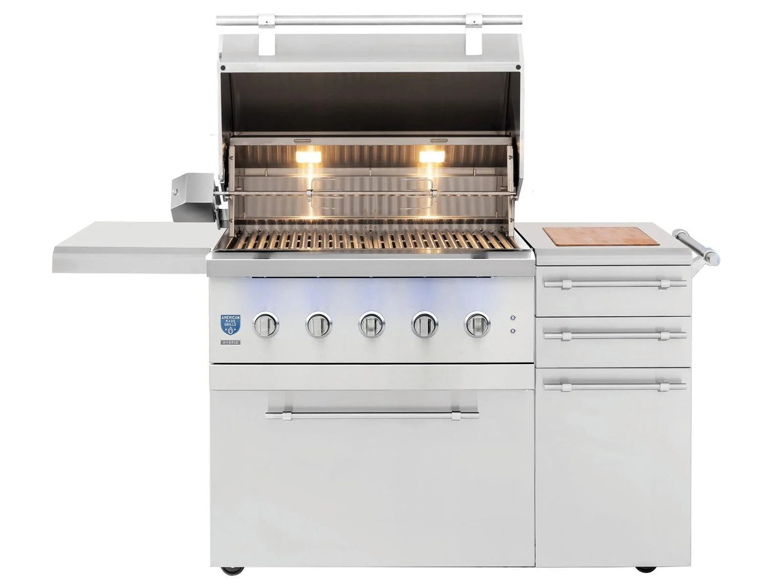 American Made Grills Encore 36-inch hybrid freestanding cart grill — hood open with interior lights on over the grates