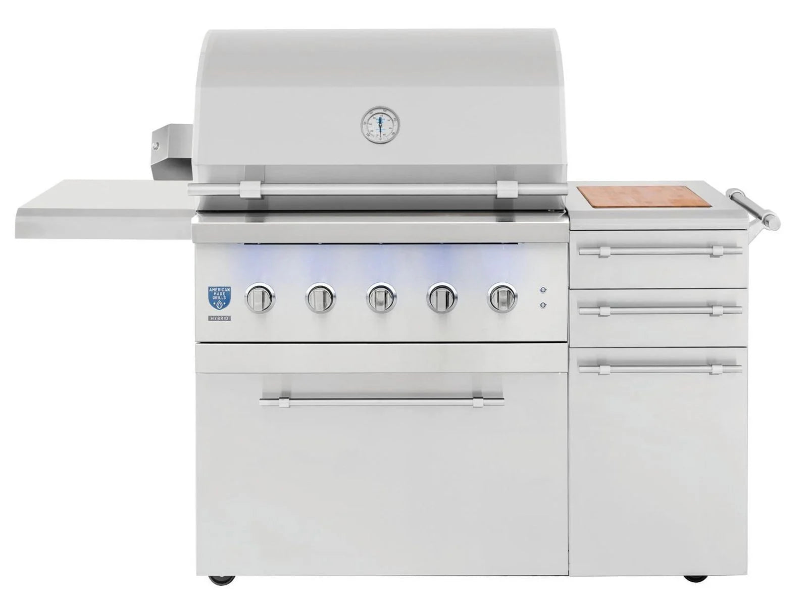 American Made Grills Encore 36-inch hybrid freestanding cart grill — hood closed, front view on the cart