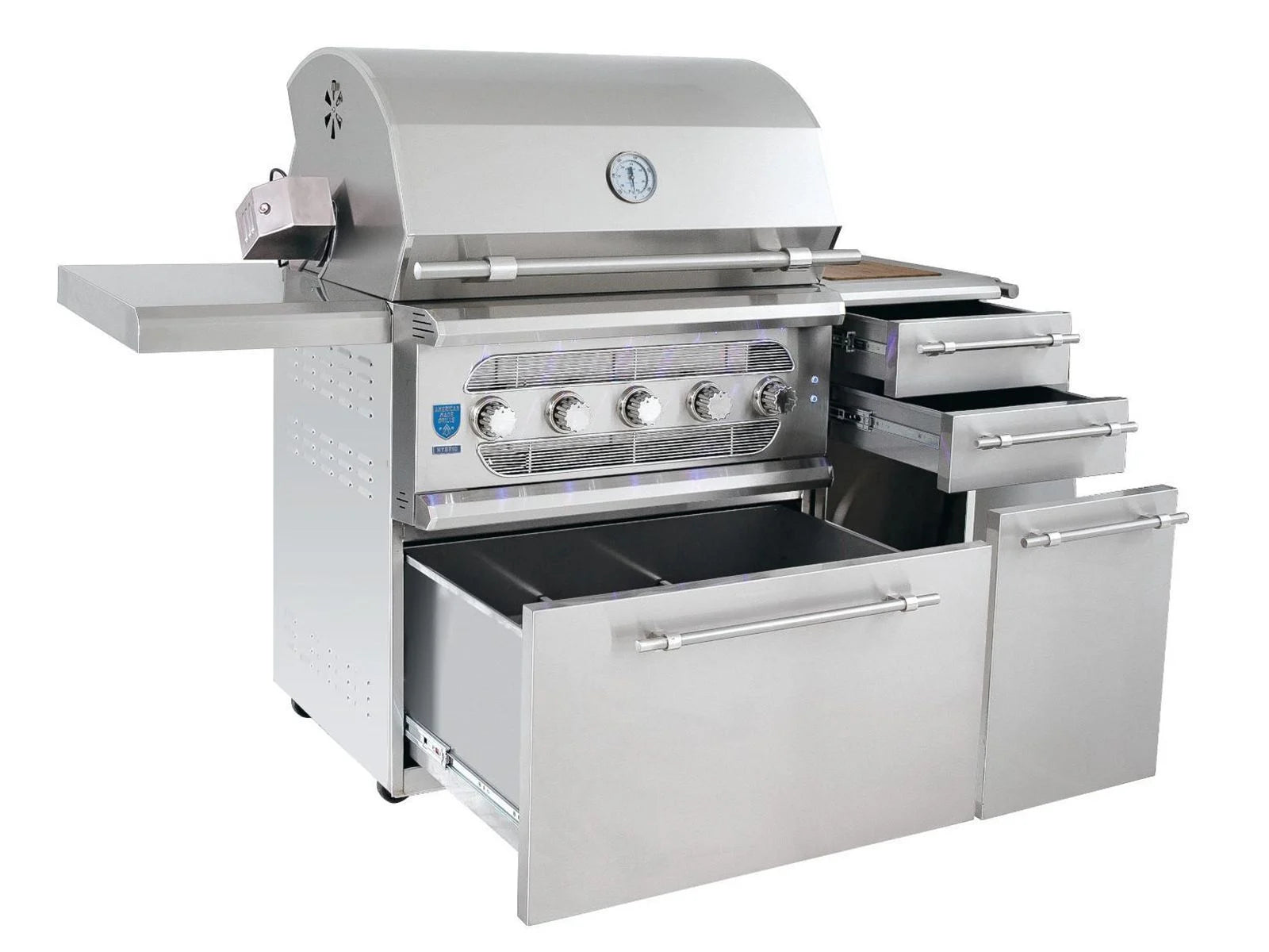 American Made Grills Muscle 36-inch hybrid freestanding cart grill — cart storage drawers and doors open