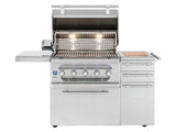 American Made Grills Muscle 36-inch hybrid freestanding cart grill — hood open with interior lights on over the grates