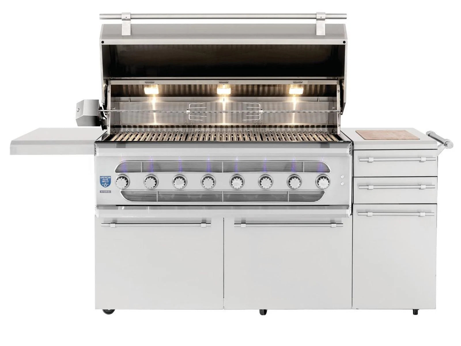 American Made Grills Muscle 54-inch hybrid freestanding cart grill — hood open with interior lights on over the grates