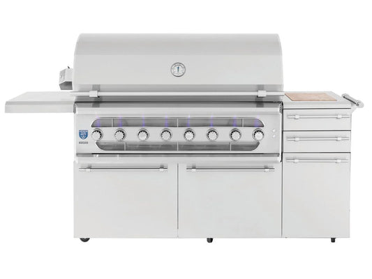 American Made Grills Muscle 54-inch hybrid freestanding cart grill — hood closed, front view on the cart