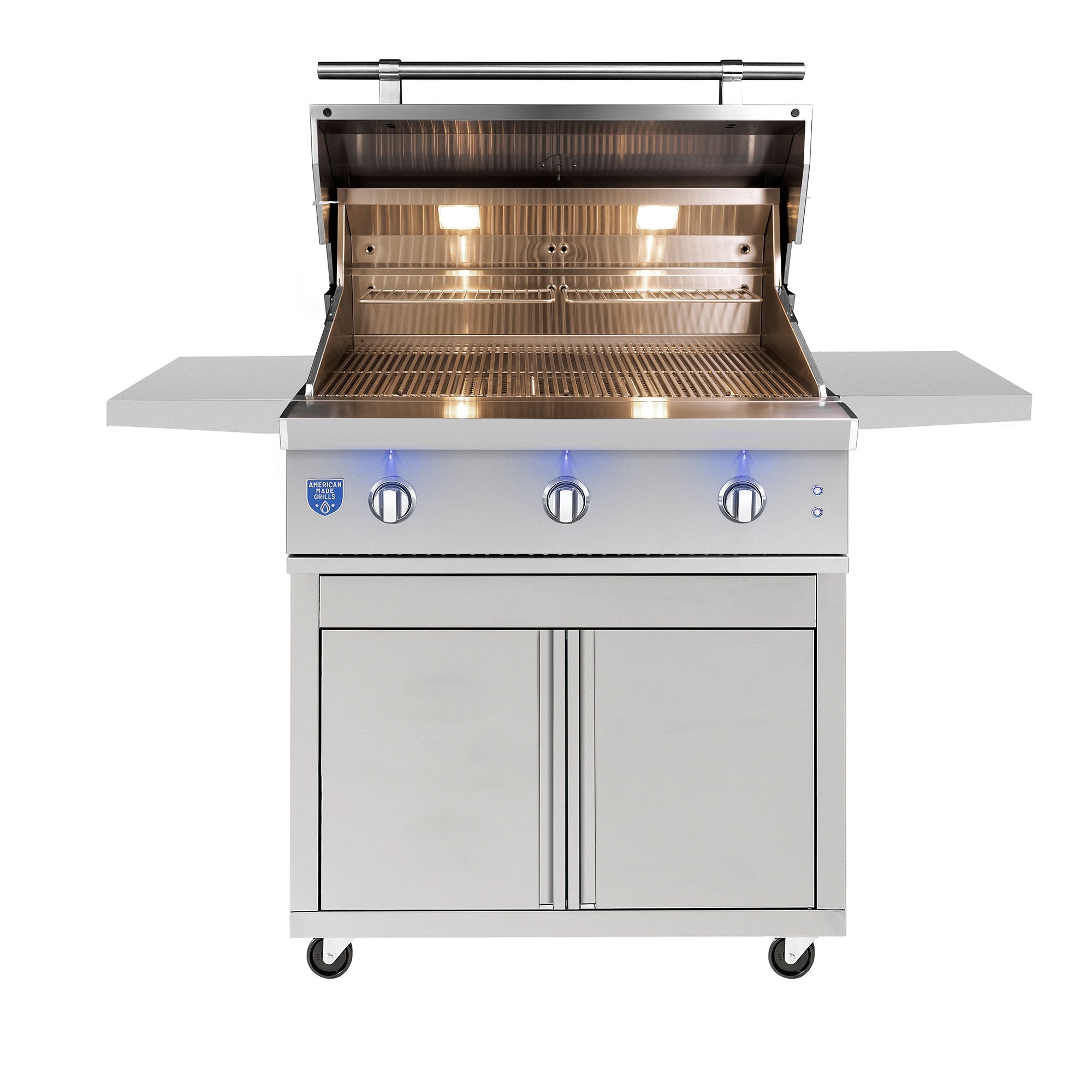 American Made Grills Atlas 36-inch grill cart — shown with an Atlas grill head fitted, hood open