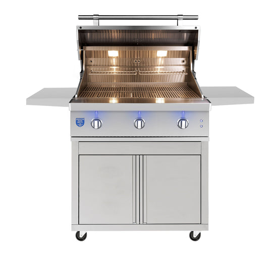 American Made Grills Atlas 36-inch grill cart — shown with an Atlas grill head fitted, hood open