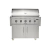 Coyote stainless steel 5-burner freestanding gas grill on a cart with closed lid, front view on white background