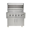 Coyote stainless steel 5-burner freestanding gas grill on a cart with open lid, front view on white background