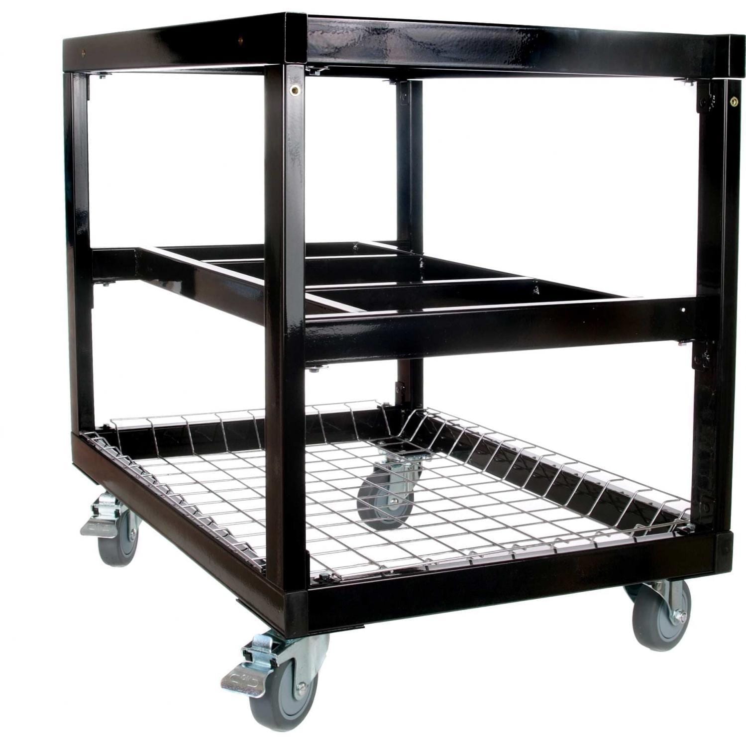 Primo cart base with storage basket for Oval Junior ceramic grill, rolling steel stand on casters