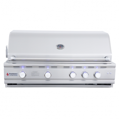 RCS Cutlass Pro 42" Built-In Grill with illuminated control knobs and rotisserie burner, ideal for nighttime grilling adventures.