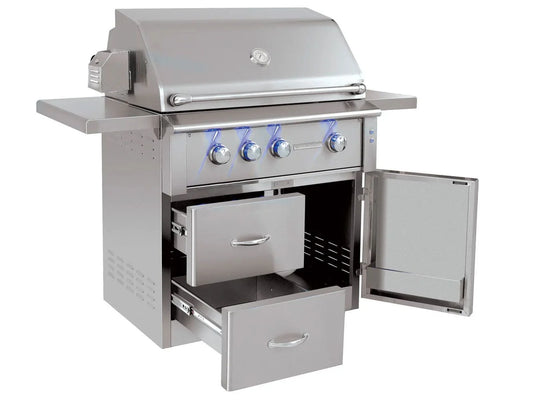 American Made Grills Alturi 36-inch freestanding cart gas grill on its stainless steel cart — alternate view