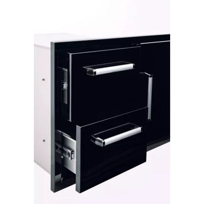 Close-up view of the Bonfire Black Door & Drawer Combo showing durable 304 stainless steel and self-closing drawer features.